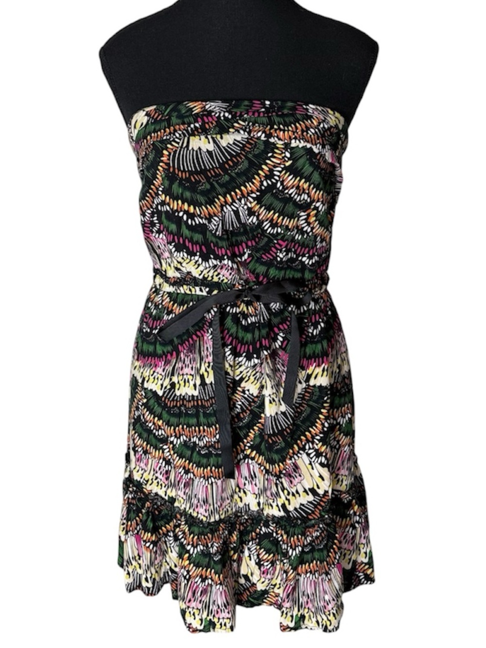 RIPE Strapless Mini Dress Ruffle Hem Ribbon Tie Black Multicolour Size 11